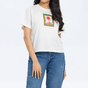 T-shirt blanc à manches courtes pour femme, col rond, coupe classique, 100% coton, couleur unie, jersey tricoté, toutes saisons - Product Image 5