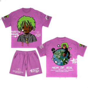 Conjunto de Camiseta y Pantalones Cortos de Algodón Grueso de 250 GSM, Color Rosa, Estilo Urbano, Estampado Gráfico, Logotipo Personalizado, 2 Piezas - Product Image 1