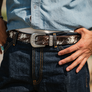 Ceinture Western de Haute Qualité en Cuir de Vachette Naturel avec Poil, pour Hommes et Femmes, Marron et Blanc, Motif Fourrure de Vache avec Gravure Vintage - Product Image 4