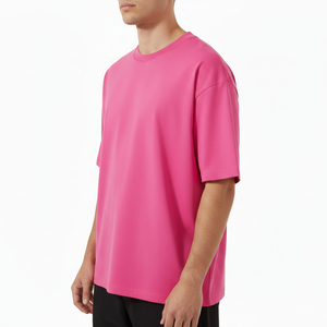 เสื้อยืดโอเวอร์ไซส์พิมพ์โลโก้ตามสั่ง สีชมพูสด ทรงหลวม ไหล่ตก ผ้าคอตตอนผสมโพลีเอสเตอร์เนื้อหนา เสื้อยืดเรียบง่าย สไตล์สตรีทแวร์ - Product Image 4
