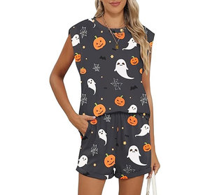 Conjunto de pantalones cortos sin mangas con estampado de dibujos animados de Halloween para mujer, conjunto informal holgado de dos piezas con cuello redondo y bolsillos - Product Image 1