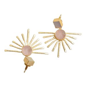 Boucles d'oreilles pendantes en laiton naturel, quartz rose, nacre, géométriques, plaquées or 10 carats, texture de laiton mat de qualité supérieure, tendance, statement - Product Image 6