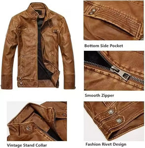 Nouvelle arrivée, veste en cuir PU vintage marron slim fit pour homme, style motard |   Veste de motard de qualité supérieure, vente en gros - Product Image 3