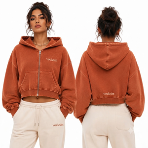 VOCKSIN Women's Winter Oversized Cropped Zipper Hoodie Acid Wash Heavyweight Cotton Lined Front Logo Streetwear Fashion <b>Jacket</b> - Product Image 2