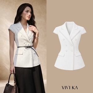 Chaleco Blazer Elegante de Lana para Mujer, Color Blanco Sólido, Doble Botonadura, Manga Casquillo, Antiestático, para Oficina y Negocios, Diseño Personalizado ODM OEM - Product Image 1
