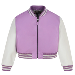 Purple <b>White</b> Contrast Lettermen Jacket PU Leather Full Sleeve Short Length Zipper Closure Women's Trendy Jackets - Product Image 1