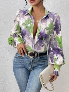Women Watercolor Floral Print Blouse Long Sleeve Button Down Shirt Ruffle Hem Casual Fashion <b>Top</b> - Product Image 4