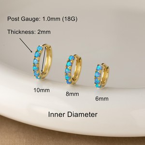 Sterling Silver Pave Opal Hoop Earrings 925 Sterling Silver 14K Gold Plated <b>Helix</b> Cartilage Piercing Jewelry - Product Image 4