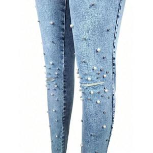 Vaqueros cortos de mujer con bordado de perlas, de talle alto y pierna recta, para uso exterior, pantalones vaqueros de mezclilla para mujer - Product Image 4