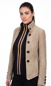 Wholesale Women Beige <b>Suede</b> <b>Jacket</b> Double Breasted Coat Custom Rainbow Zip Trim Stand Collar Outerwear Supplier - Product Image 2