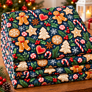 Tela con Patrón de Galletas de Jengibre y Bastones de Caramelo Navideños, Azul Marino, Material de Costura de Algodón para las Fiestas - Product Image 1