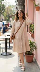 BEIGE COTTON DENIM MIDI Custom Beige Lapel Collar 3\4 Sleeve Midi <b>Dress</b>, Women's Button Front Shirt <b>Dress</b> with Pockets and A-Lin - Product Image 2