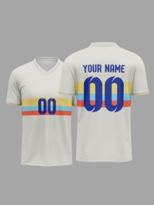 Camiseta de Fútbol Personalizada para Hombre, Color Crema, Diseño Retro a Rayas, Transpirable, Cuello en V, con Nombre Personalizado - Product Image 4