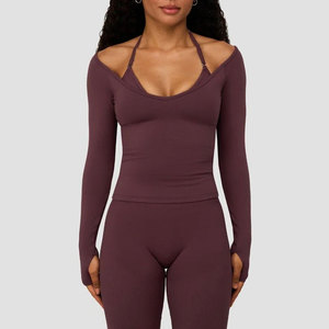 Camiseta Deportiva Casual de Manga Larga para Mujer con Diseño de Hombros Descubiertos, Color Personalizado, Superventas, Ropa Deportiva de Yoga con Orificios para Pulgares - Product Image 5