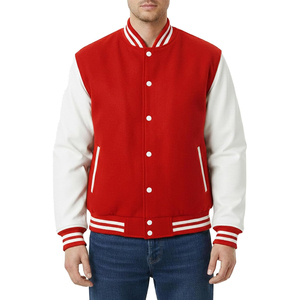 Men's <b>Red</b> Varsity <b>Jacket</b> Solid Color Button Closure Turn-down Collar Preppy Style Autumn Wear Regular Fit Cotton Lining - Product Image 1