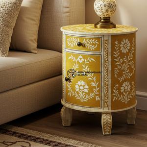 Mesa de Noche Redonda de Madera Artesanal Ecológica con Incrustaciones Florales Amarillas Modernas de Lujo con 2 Cajones - Product Image 2
