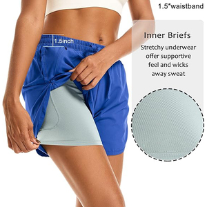 Royal Blue 2 In 1 Women Gym Shorts Polyester Double Layer Running Shorts With <b>Phone</b> Pocket High Waist Breathable Bottoms - Product Image 3