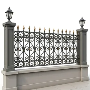 Clôture extérieure classique en fer forgé avec motif décoratif en spirale et poteaux à lanterne pour usage résidentiel - Product Image 1