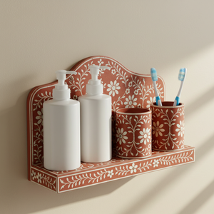 Handcrafted Bathroom Accessory Suite 5-Piece Terracotta Floral Wall Shelf Decorative Arched Vanity Organizer for <b>Soap</b> & Brushes - Product Image 1