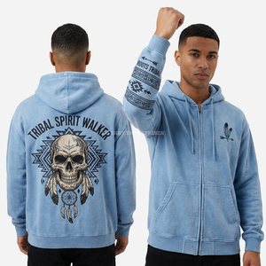 Sweat à capuche Winter Hunger motif Crâne de cerf 400GSM Bleu Glace Effet vieilli Streetwear Homme Motif 'Cold Bites' Style à double manche Vêtement personnalisé - Product Image 2