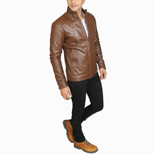 Veste en cuir d'agneau pour homme, style streetwear, hiver, qualité supérieure, avec impression de logo personnalisée et col montant. - Product Image 3