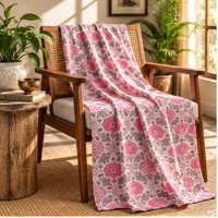 Tissu en coton imprimé à la main écologique, motif floral rose et blanc, textile indien pour robes, kurtis, couture, artisanat et décoration intérieure pour garçons et filles
