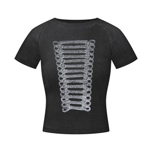 Women's Black Crop Top <b>Y2K</b> Style O-Neck Full Sleeve Printed T-<b>Shirt</b> Regular Fit Eco-Friendly Quick Dry Polyester/Cotton Spring - Product Image 2