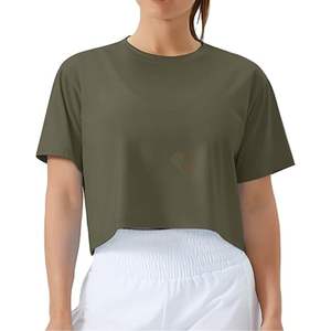 Haut de sport court pour femme vert forêt, coupe ajustée, respirant, très élastique, col rond, idéal pour le yoga et l'entraînement en salle de sport - Product Image 5