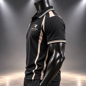 T-shirt Sportif Homme Noir à Manches Courtes en Coton Tricoté Coupe Droite avec Blocs de Couleurs Unies 100% Coton 200g Logo Personnalisé Contraste Beige - Product Image 3