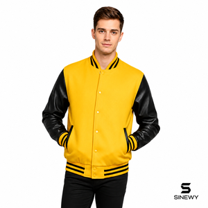 Veste universitaire jaune pour homme SINEWY, manches en cuir PU, col rabattu, vêtement décontracté pour l'automne - Product Image 1