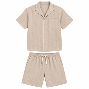 <b>Men</b> Striped Woven Pajama Set <b>Short</b> Sleeve Button Down Sleepwear Summer Cool Loungewear Matching <b>Lounge</b> <b>Shorts</b> Taupe Nightwear - Product Image 4