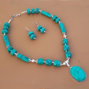 Turquoise Necklace Earrings <b>Set</b> Handmade Gemstone Jewelry For Women Silver Overlay Wholesale Fashion Gift - Product Image 2