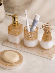 Factory Price Luxury Resin Four-piece Classic Easy Clean <b>Bathroom</b> <b>Accessories</b> <b>Set</b> Gold Foil Soap Dispenser Toothbrush Holder - Product Image 4