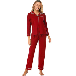Ensemble de pyjama en jersey pour femmes, 100% coton, basique, hiver, uni, OEM, taille élastique, doux, respirant, manches longues, confortable - Product Image 2