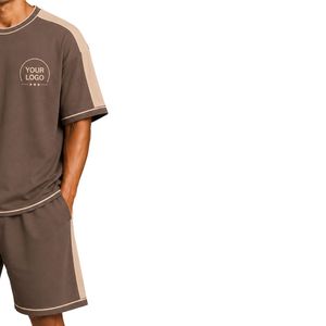 Brown Mens Oversized T Shirt And Shorts <b>Set</b> Beige Contrast Panels Custom Logo Crew Neck Casual Streetwear Wholesale Manufacturer - Product Image 4