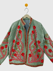 Hand Embroidered Floral Mandarin Collar Jacket Full Sleeve Cotton Boho Chic Style Autumn Wear Women'<b>s</b> Plus Size - Product Image 3