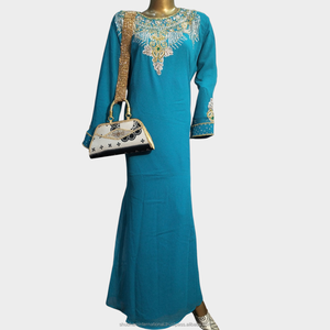 Turquoise Elegant Luxury Chiffon Modal Kaftan <b>Dress</b> with Gold <b>Silver</b> Beaded Embroidery Breathable for Women Wedding Party Wear - Product Image 1