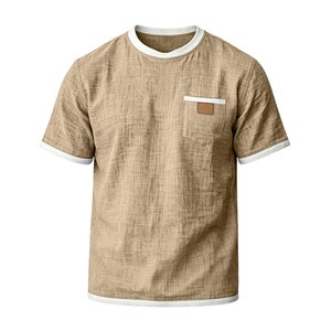 Camiseta de Hombre de Lino y Algodón de Color Sólido, Manga Corta, Ligera, Transpirable, Cuello Redondo, con Bolsillo en el Pecho y Ribete en Contraste, Corte Casual - Product Image 1