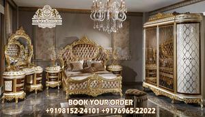 Ensemble de chambre à coucher Grand Victorian richement sculpté, en bois de teck royal, finition or Heritage, pour chambre principale, style California - Product Image 4