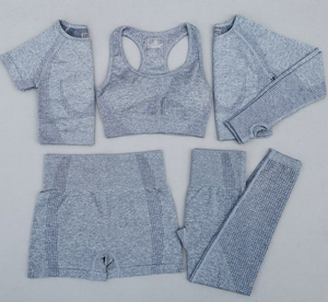 Custom 5pcs Women Seamless Workout Set Pink Mesh Crop Top Long Sleeve High Waist Leggings Shorts <b>Yoga</b> Wear Sportswear <b>Kit</b> - Product Image 4