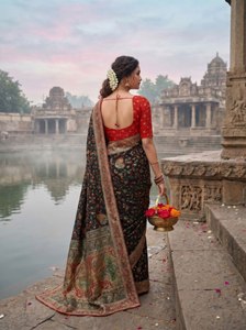 Sari en soie pashmina Rajwada de luxe, teint à la main, collection Royal Grace, motif floral Majesté, Meenakari, collection Héritage, pour mariage et fête, pour femme - Product Image 4
