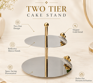 Support à gâteau en métal à 2 niveaux, plateau de présentation de desserts miroir avec détails en perles dorées pour mariage, fête, hôtel, boulangerie, décoration de table - Product Image 2