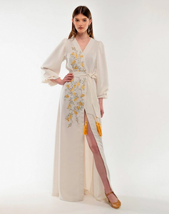 Robe longue en coton champagne pour femme, broderie florale, col en V, manches longues, taille nouée, fente, style bohème - Product Image 2