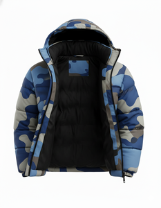 Blouson matelassé à capuche camouflage bleu pour homme, chaud et rembourré, avec fermeture éclair, style streetwear décontracté, vêtement d'extérieur, vente en gros - Product Image 4