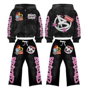 High Quality 400gsm Heavyweight Cotton Fleece Tracksuit Custom Acid Wash Full Zip Hoodie and Wide Leg Pants Set Men's Streetwear - Product Image 2