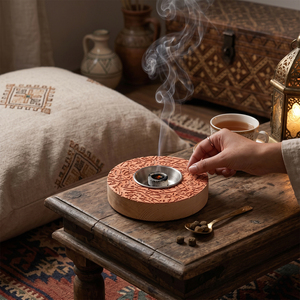 Round Carved Wooden <b>Bakhoor</b> Burner Arabic Calligraphy <b>Oud</b> Incense Holder Bowl With Removable Metal Charcoal Cup For Incense Use - Product Image 6