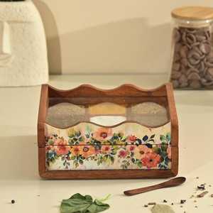 Boîte à masala artisanale Pastel Flora Nava avec cuillère en bois |   Boîte à épices à 9 compartiments avec couvercle en acrylique | Masala Dani - Product Image 3
