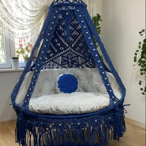 Boho Macrame Hanging Chair – Double <b>Hammock</b> <b>Swing</b> for Patio, Garden or Indoor – Blue Macrame Chair with Cushions – Housewarming - Product Image 1