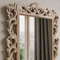 Miroir mural en bois sculpté orné de luxe, cadre beige antique, miroir décoratif pour salon, chambre à coucher, dressing, décoration d'intérieur