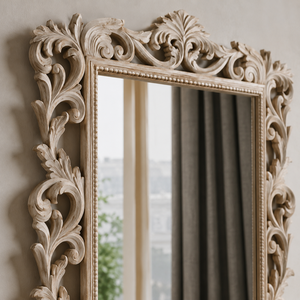 Luxury Ornate Carved Wooden <b>Wall</b> <b>Mirror</b> Antique Beige Frame Decorative Living Room Bedroom Dressing <b>Mirror</b> Home Decor Accent - Product Image 3